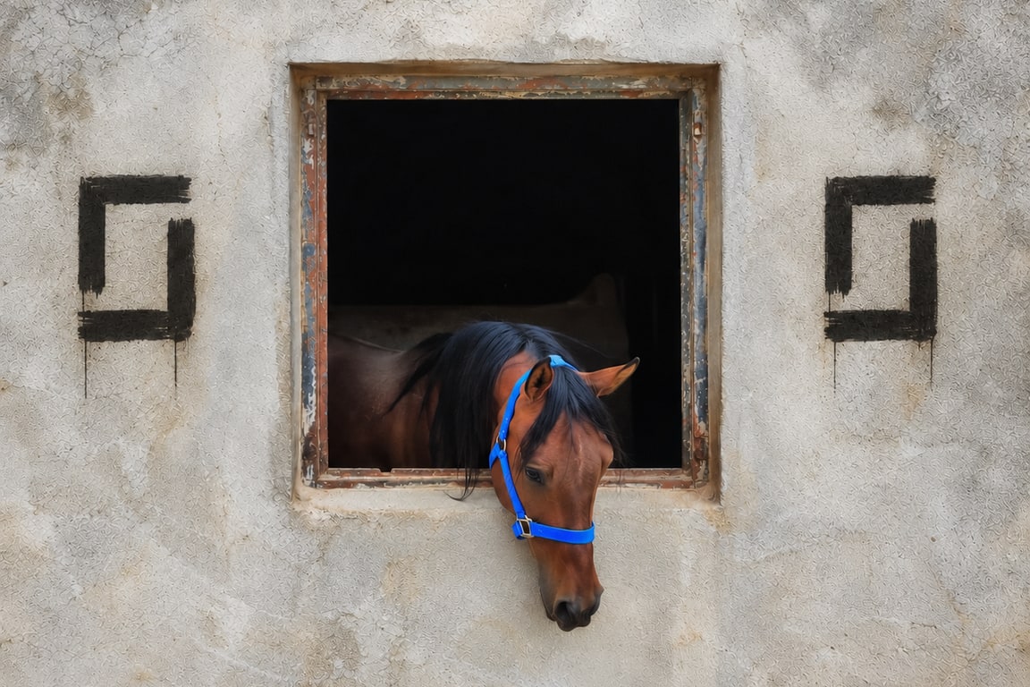 Un caballo asomado a una ventana abierta en un muro encalado, con una marca pintada a cada lado.