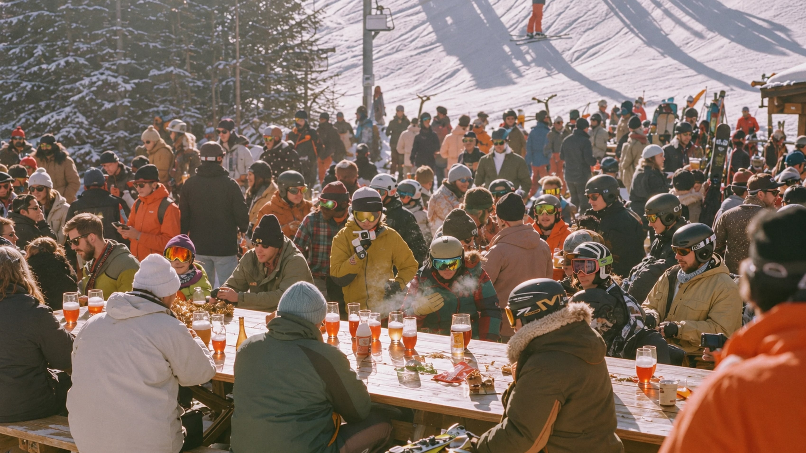 Una terraza de montaña llena de gente con ropa de nieve, sentada en mesas largas con la pista al fondo.