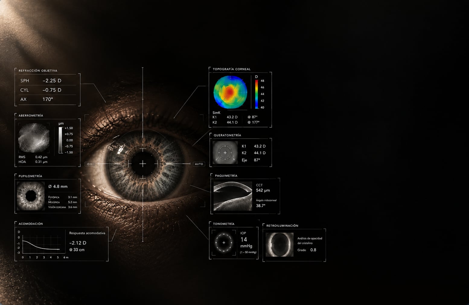 Primer plano de un ojo con una retícula de enfoque encima y nueve paneles de lectura alrededor: refracción objetiva, aberrometría, topografía corneal, queratometría, pupilometría, paquimetría, acomodación, tonometría y retroiluminación.