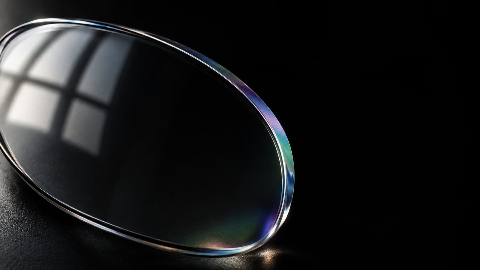 Una mica sobre fondo negro: en la mitad izquierda se refleja la retícula de una ventana; la mitad derecha se ve limpia y se transparenta.