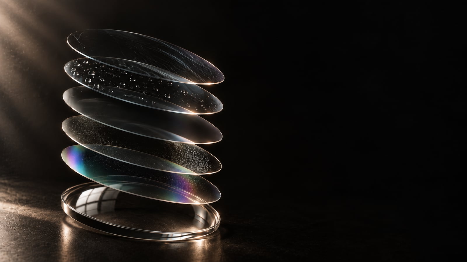Seis discos de mica flotando apilados sobre fondo oscuro: uno rayado, uno con gotas de agua, uno con una mancha grasa, uno con polvo, uno con el brillo iridiscente del antirreflejante y, abajo, la mica limpia.
