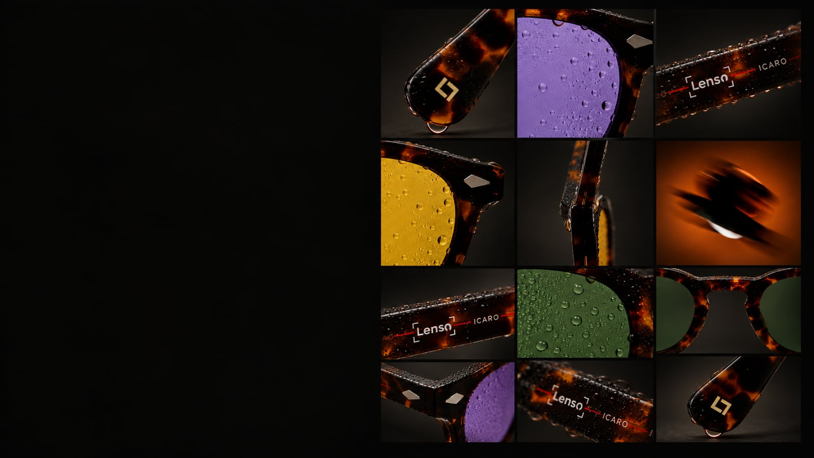 Mosaico de primeros planos de un Lenso Icaro carey con micas de distintos colores: morada, amarilla, verde y ámbar, con gotas de agua y el grabado Lenso Icaro en la varilla