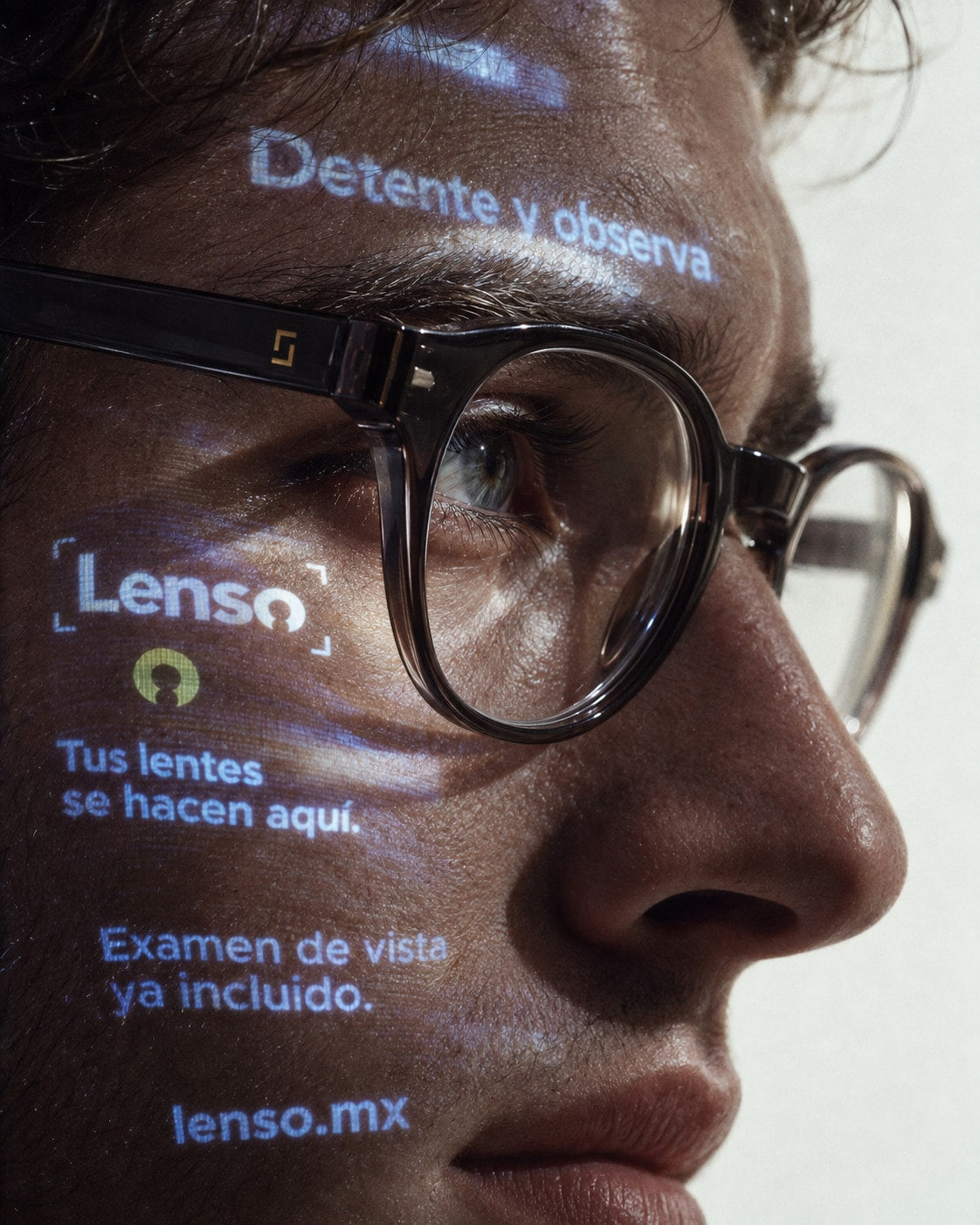 Perfil de un hombre con lentes Lenso, con la luz de una pantalla proyectada en la cara: Detente y observa. Tus lentes se hacen aquí. Examen de vista ya incluido. lenso.mx